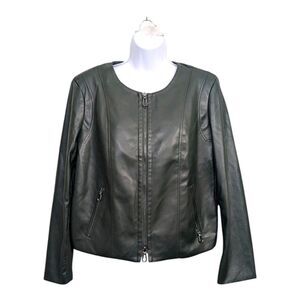 Chico's Dark Green Faux Leather Full Zipper Jacket Knit Detail Pockets Lined 12